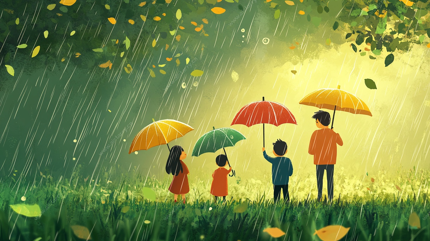 雨中漫步的温馨家庭画面
