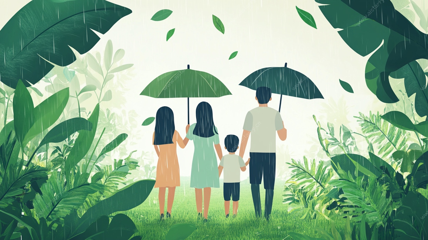 家庭雨中漫步温馨场景