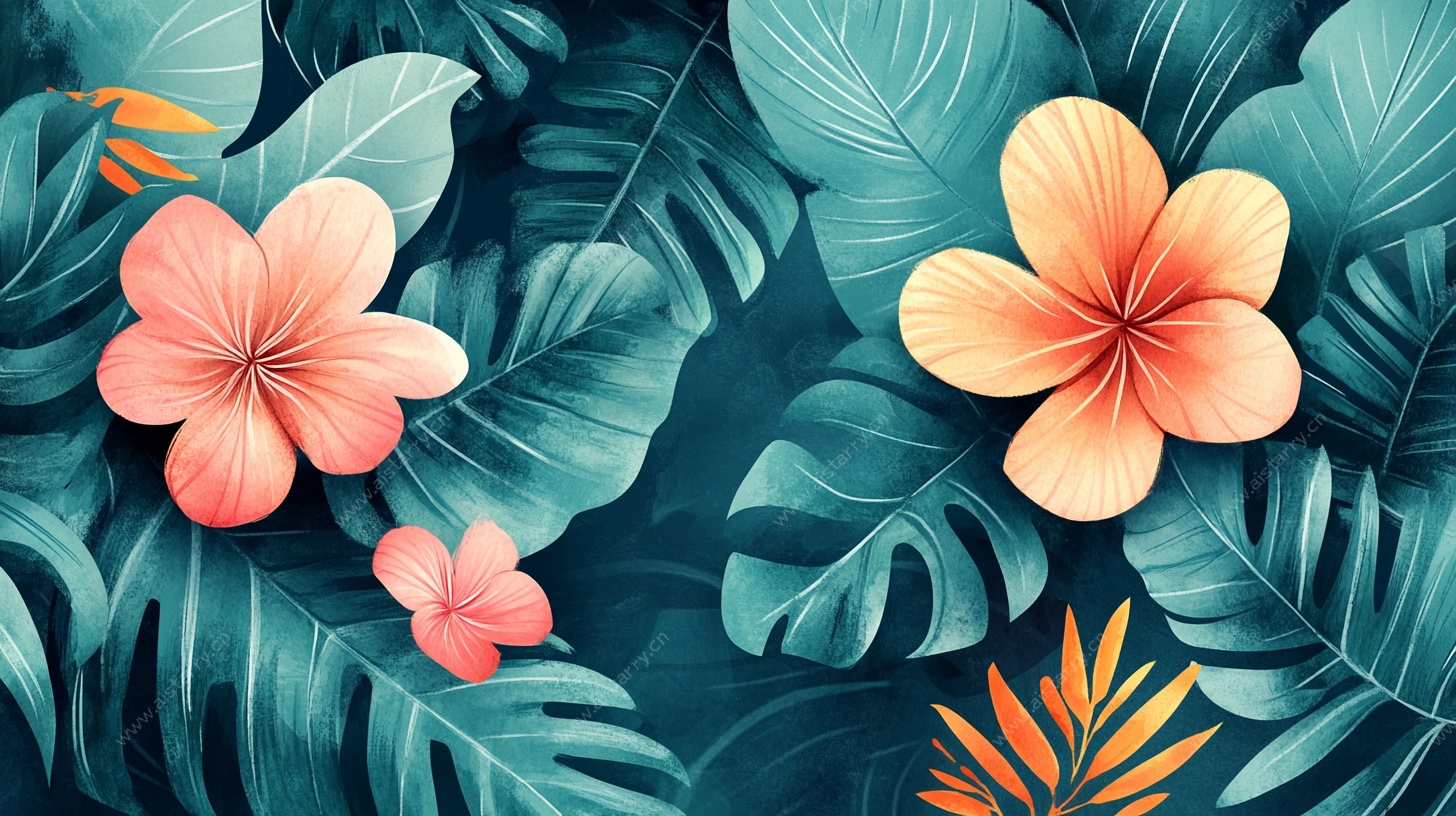 热带花卉与绿叶插画