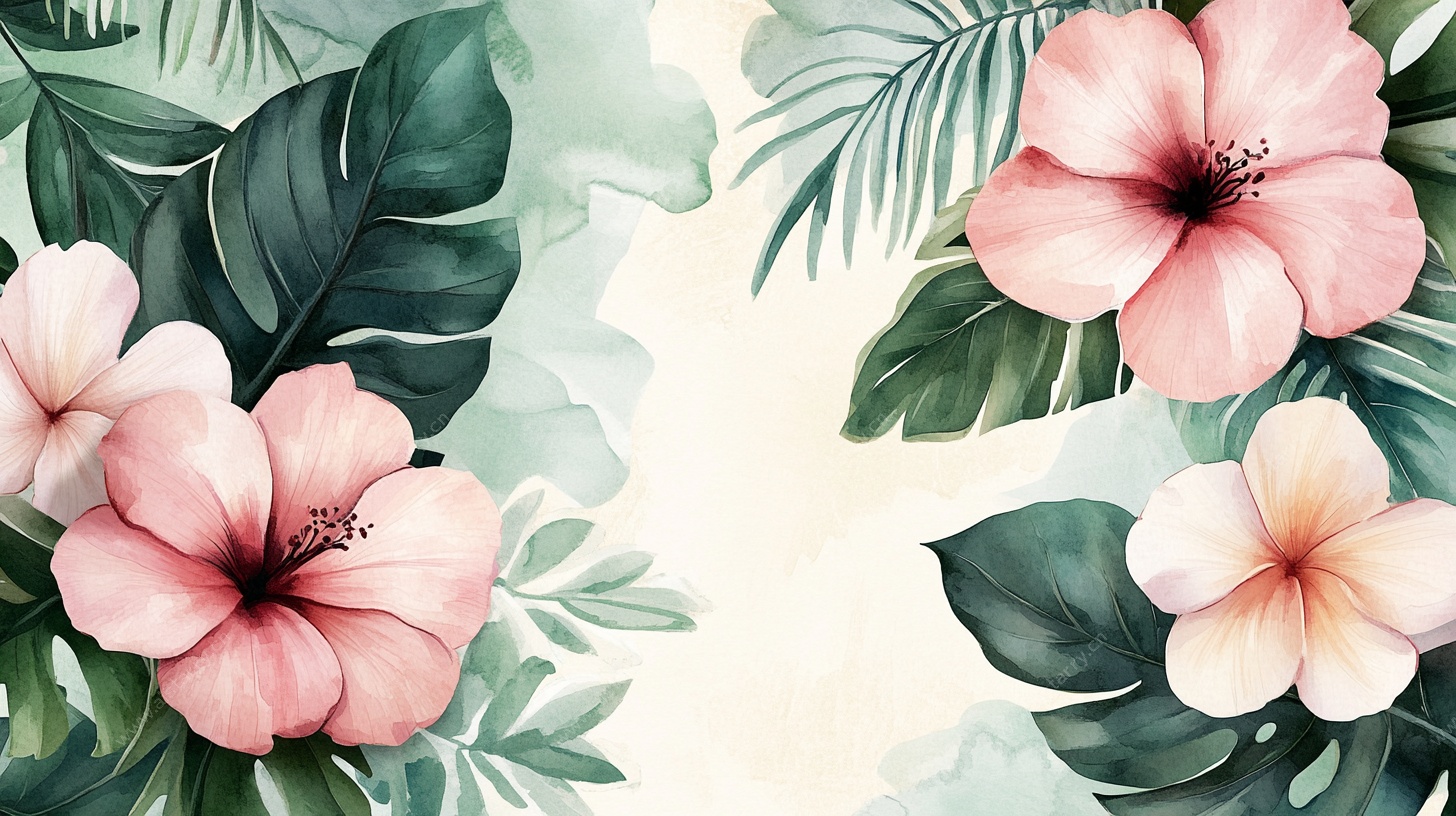 粉色扶桑与绿叶插画