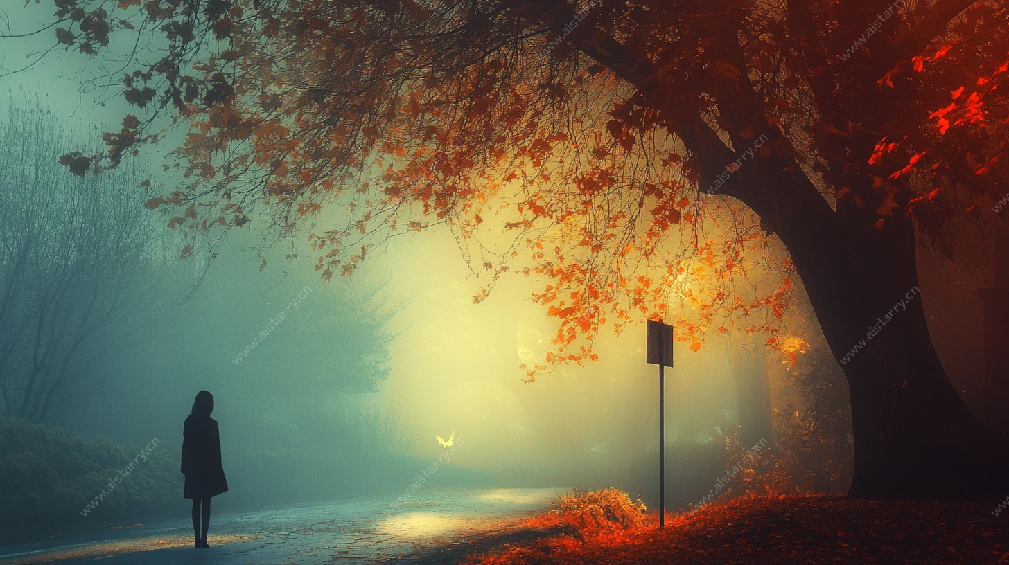 雾中漫步的孤独身影