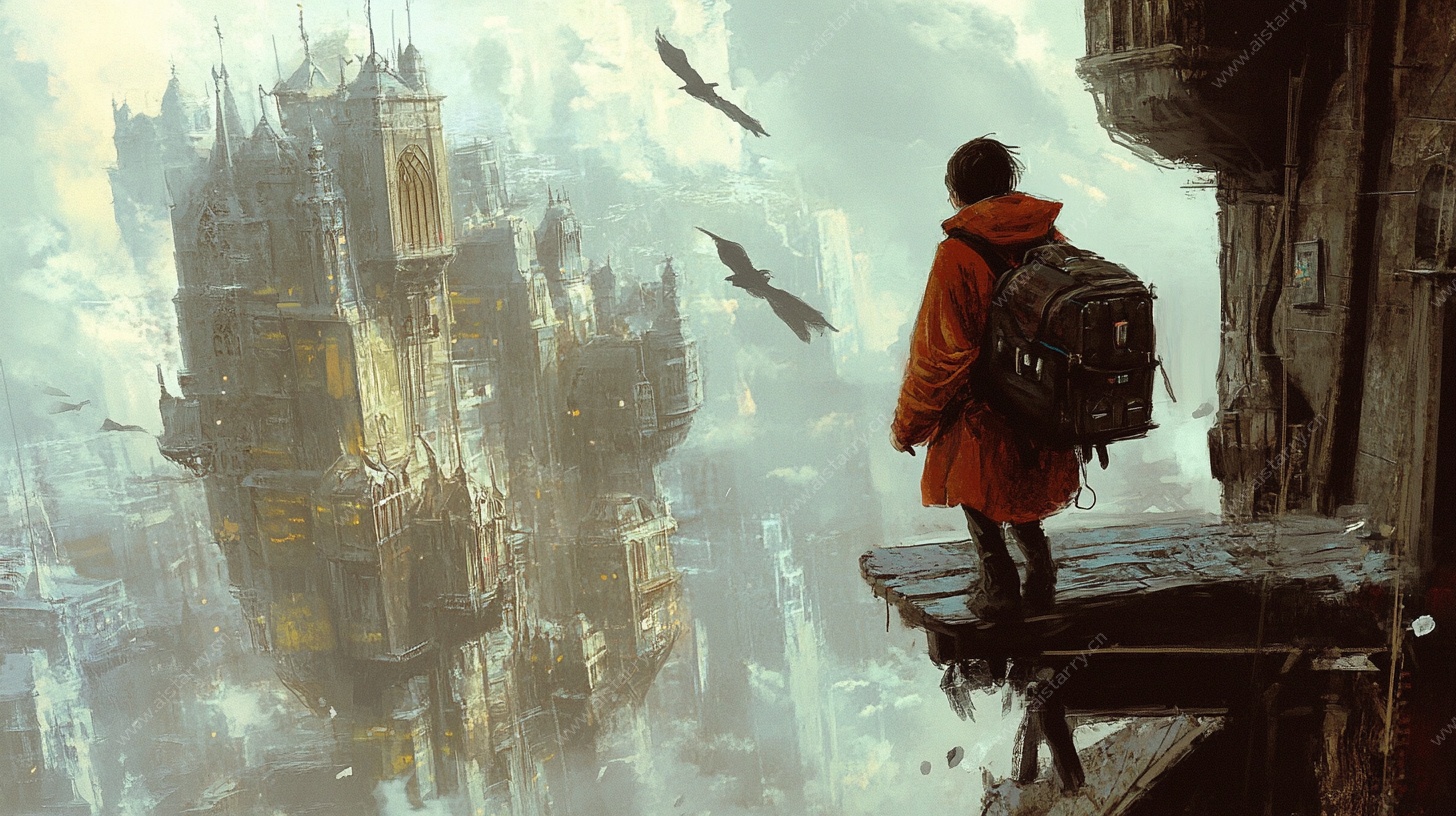 少年眺望奇幻悬空之城