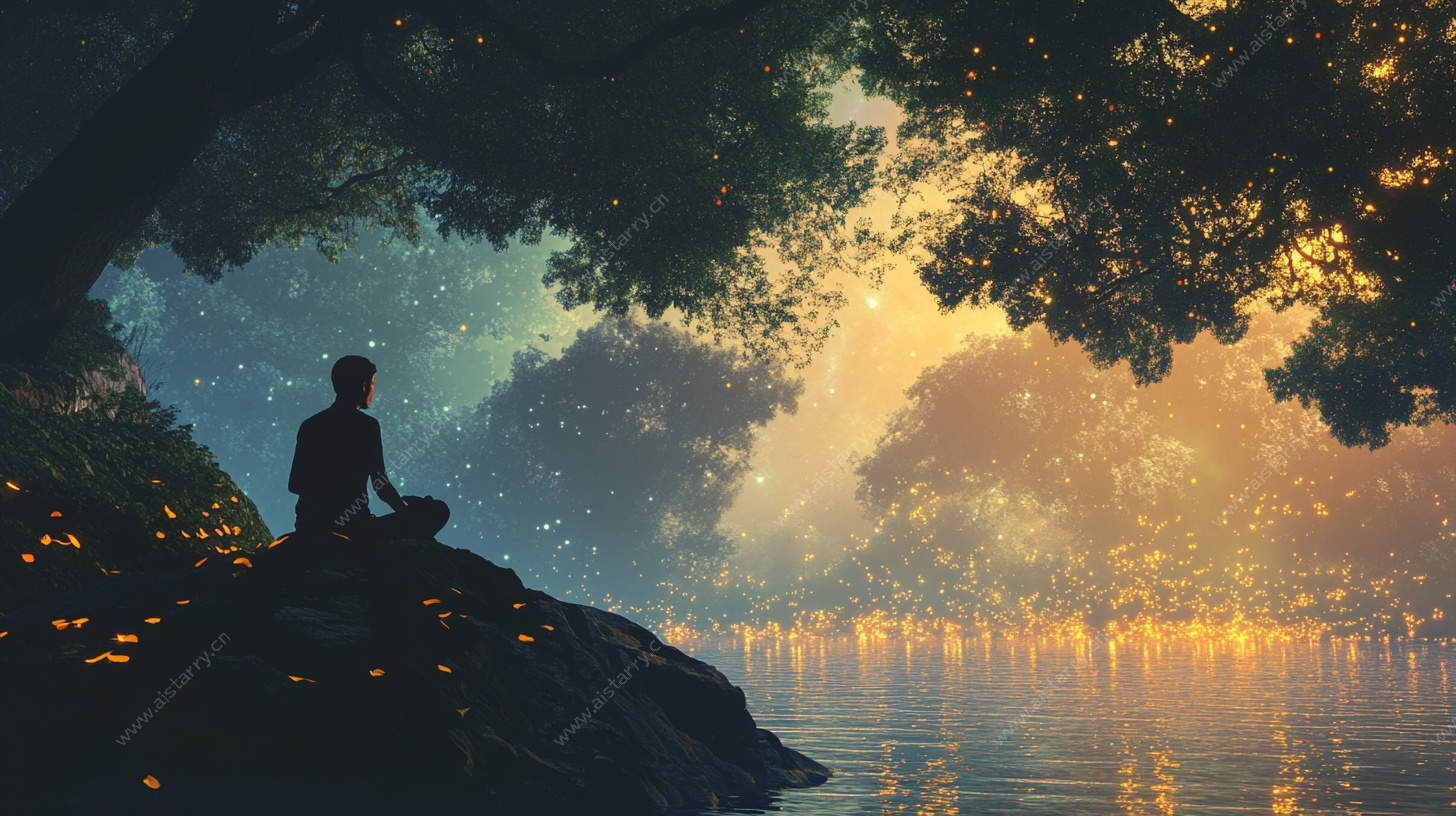 静谧湖畔冥想者