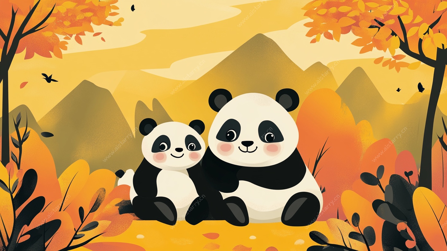 秋日熊猫温馨场景插画