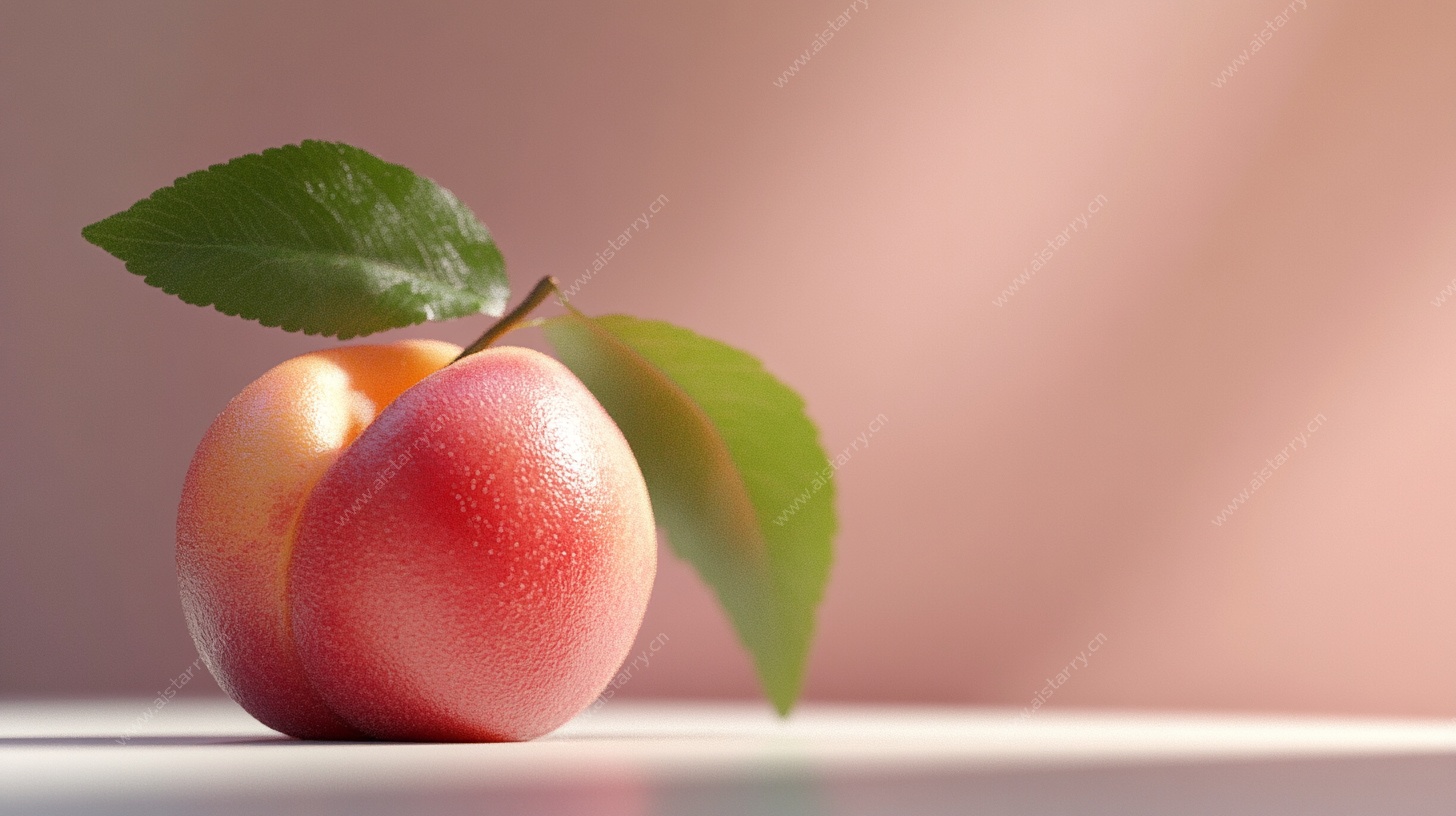 鲜艳蜜桃带绿叶特写