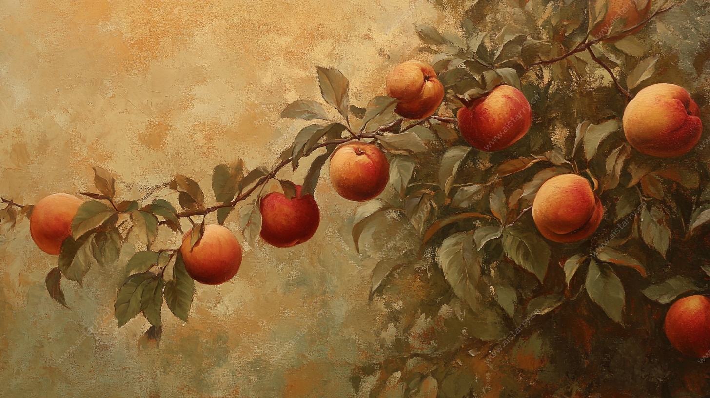 枝头硕果累累的桃子油画
