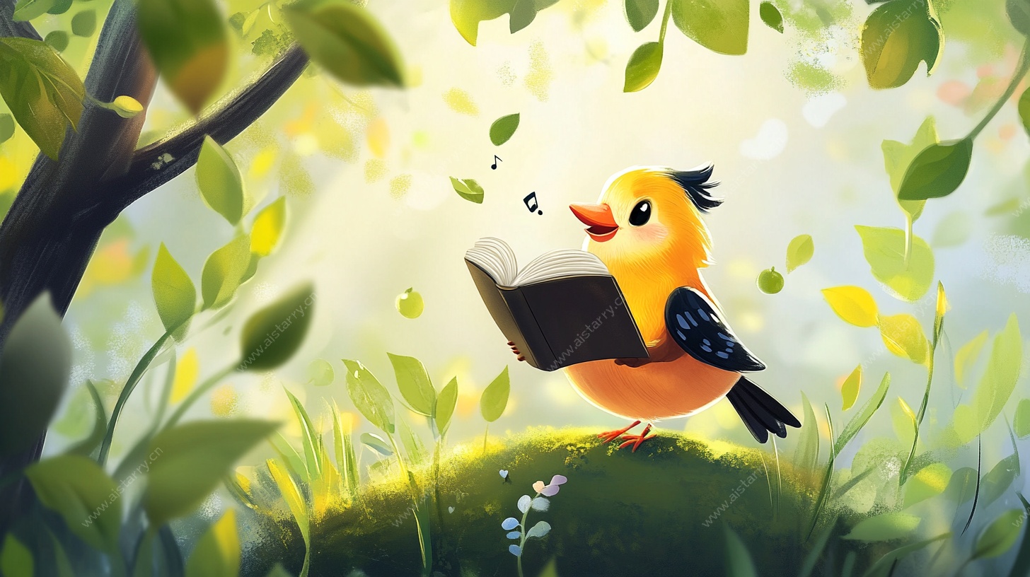 小鸟读书的奇幻森林场景