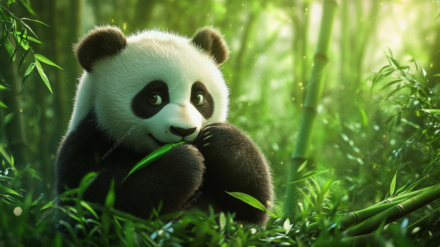 萌趣熊猫竹林惬意吃竹
