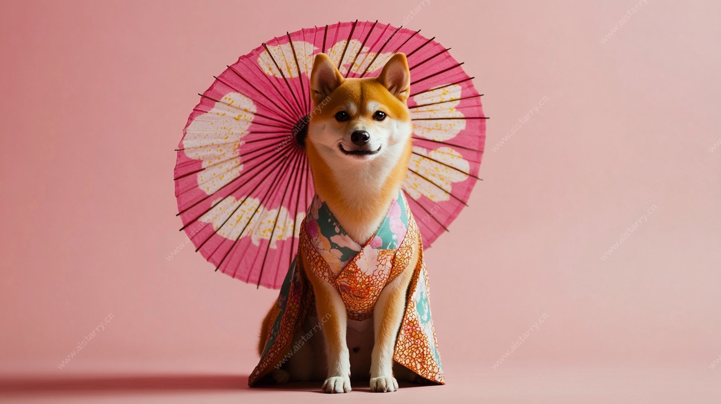穿和服持伞的可爱柴犬