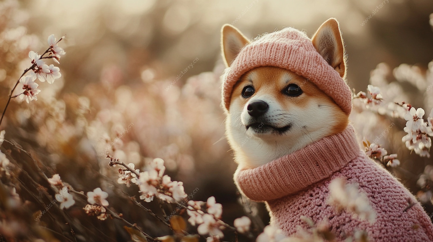 戴帽柴犬于烂漫花丛中