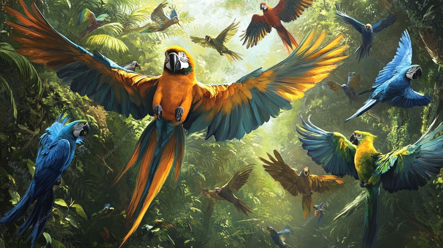 群鹦鹉翱翔热带雨林