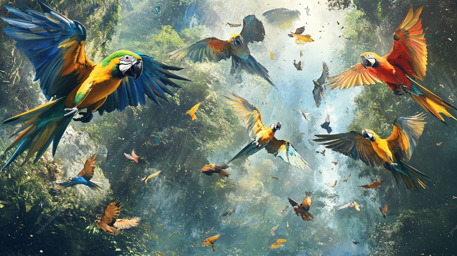 群鹦飞舞于奇幻森林间