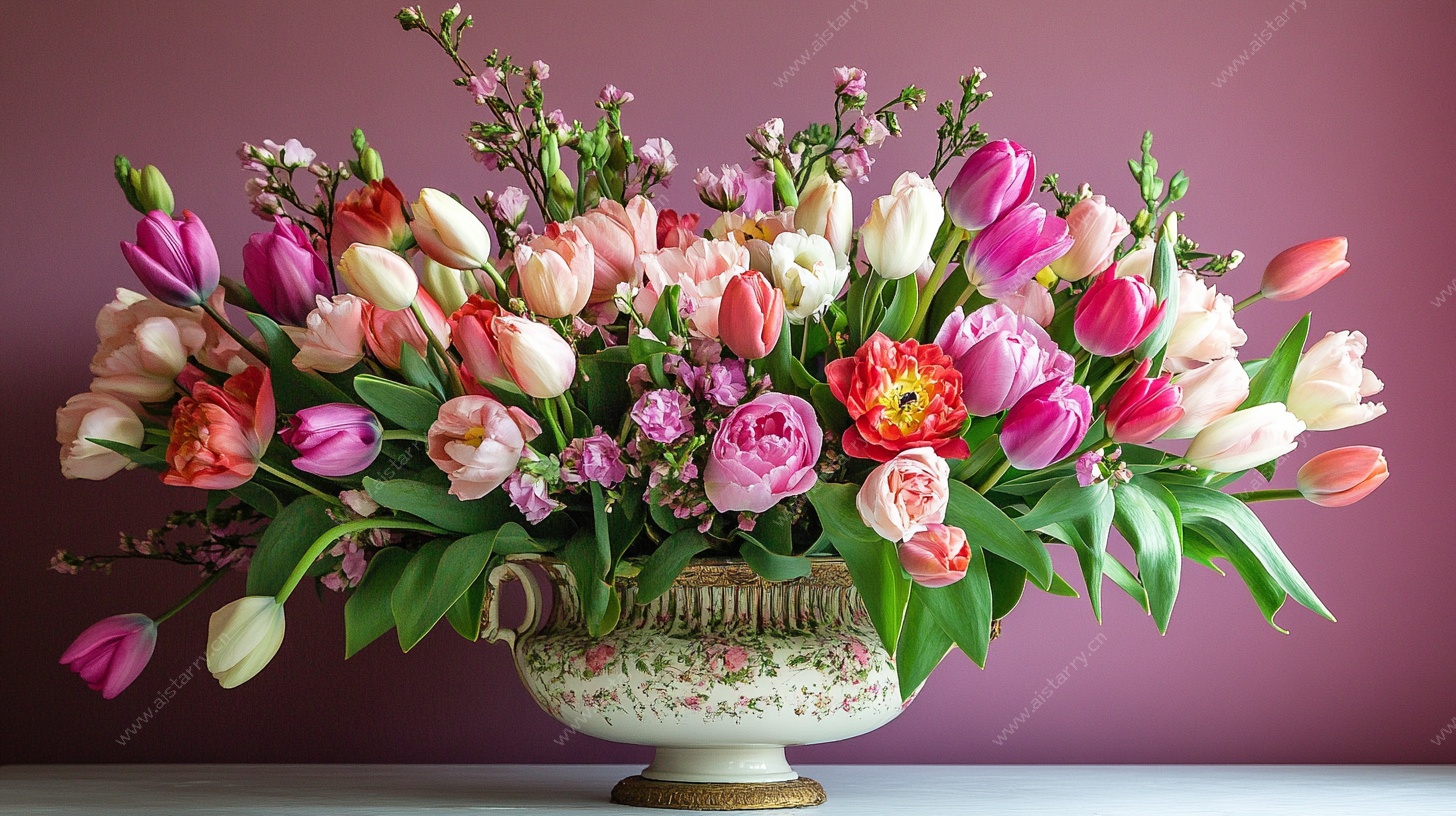 多彩花卉插于复古花瓶中