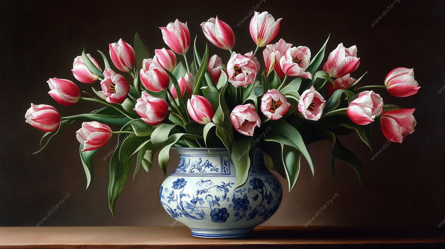 青花瓷瓶中的粉郁金香