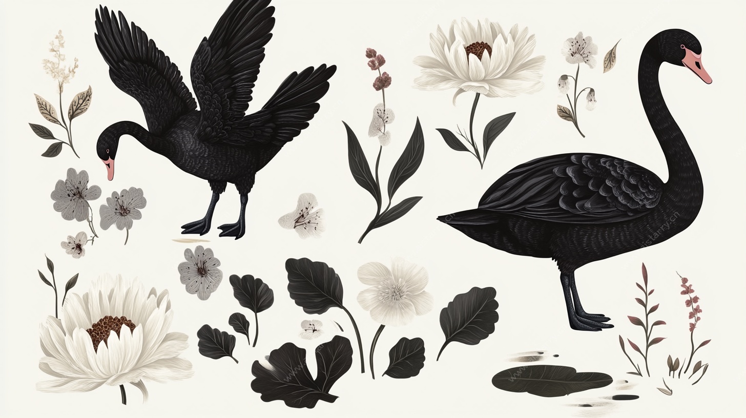 黑天鹅花卉插画图案