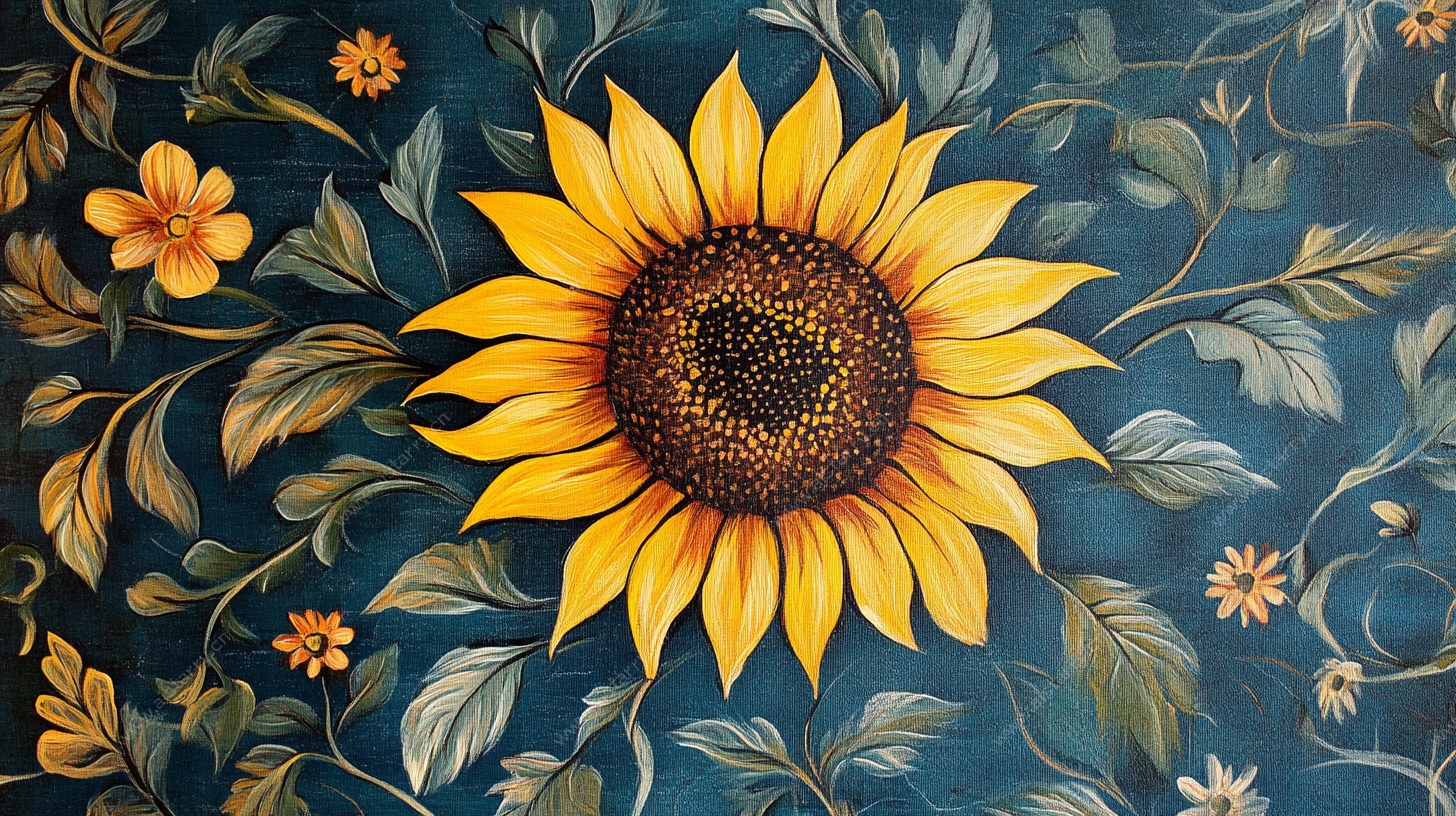 蓝色背景上的向日葵花卉图案