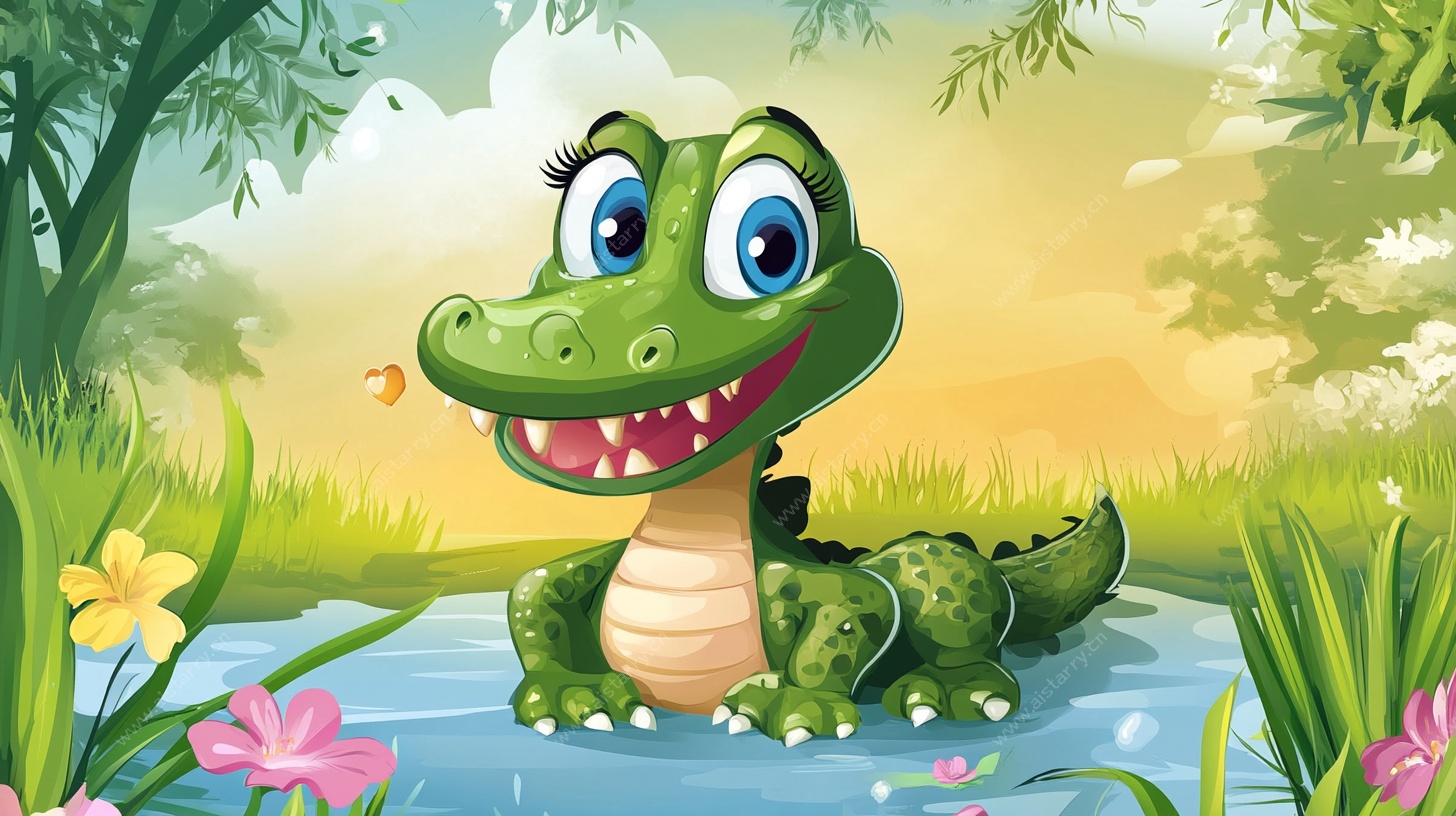 水中微笑的卡通小鳄鱼