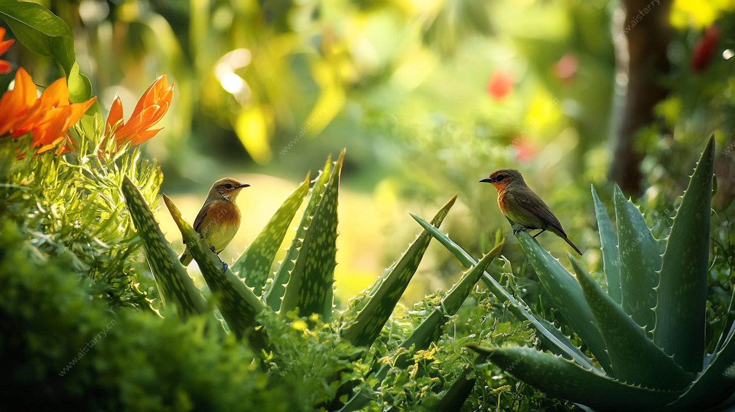 林中双鸟栖于绿植间
