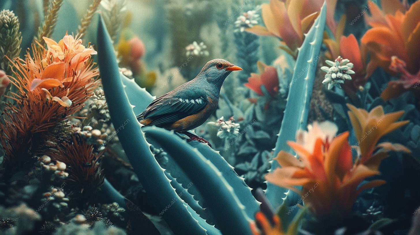 小鸟栖于多彩植物间