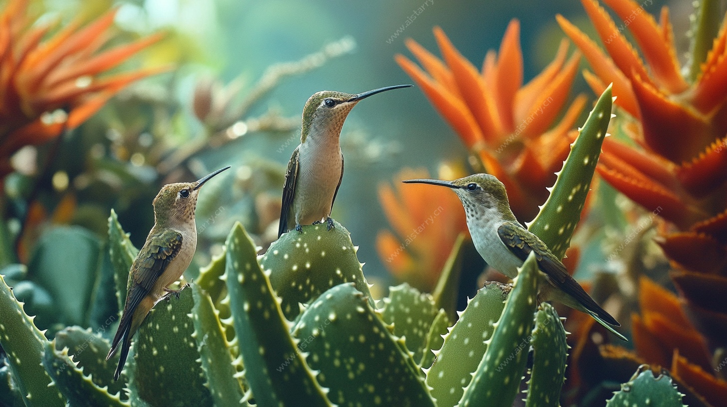 蜂鸟栖于仙人掌花丛中