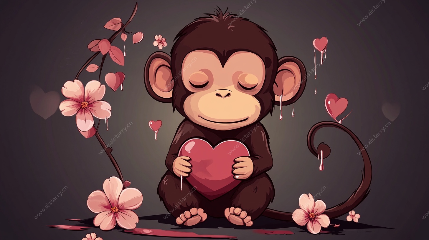 可爱小猴抱心与樱花场景