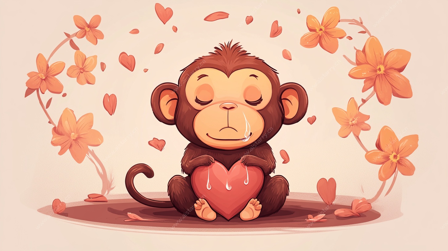 可爱小猴怀爱心花朵环绕