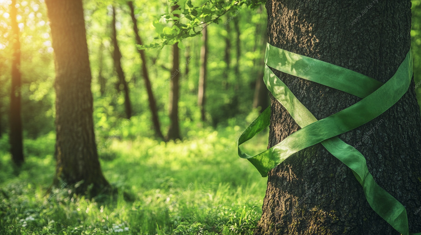 林间绿丝带系于树干