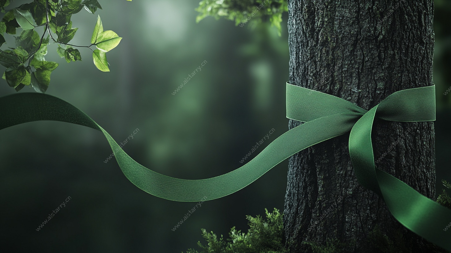绿丝带缠绕的静谧树木