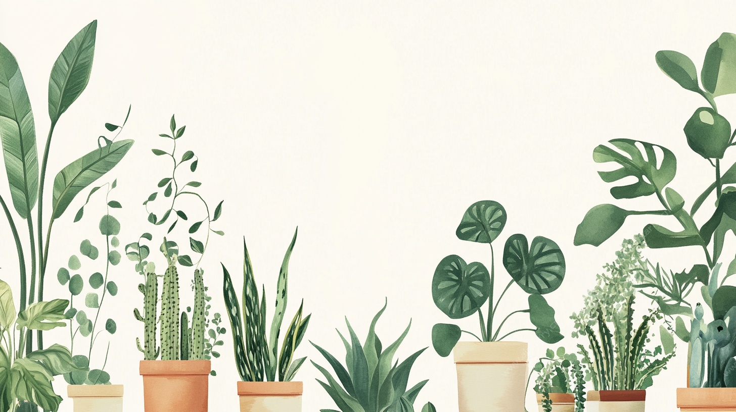 一排清新盆栽植物插画