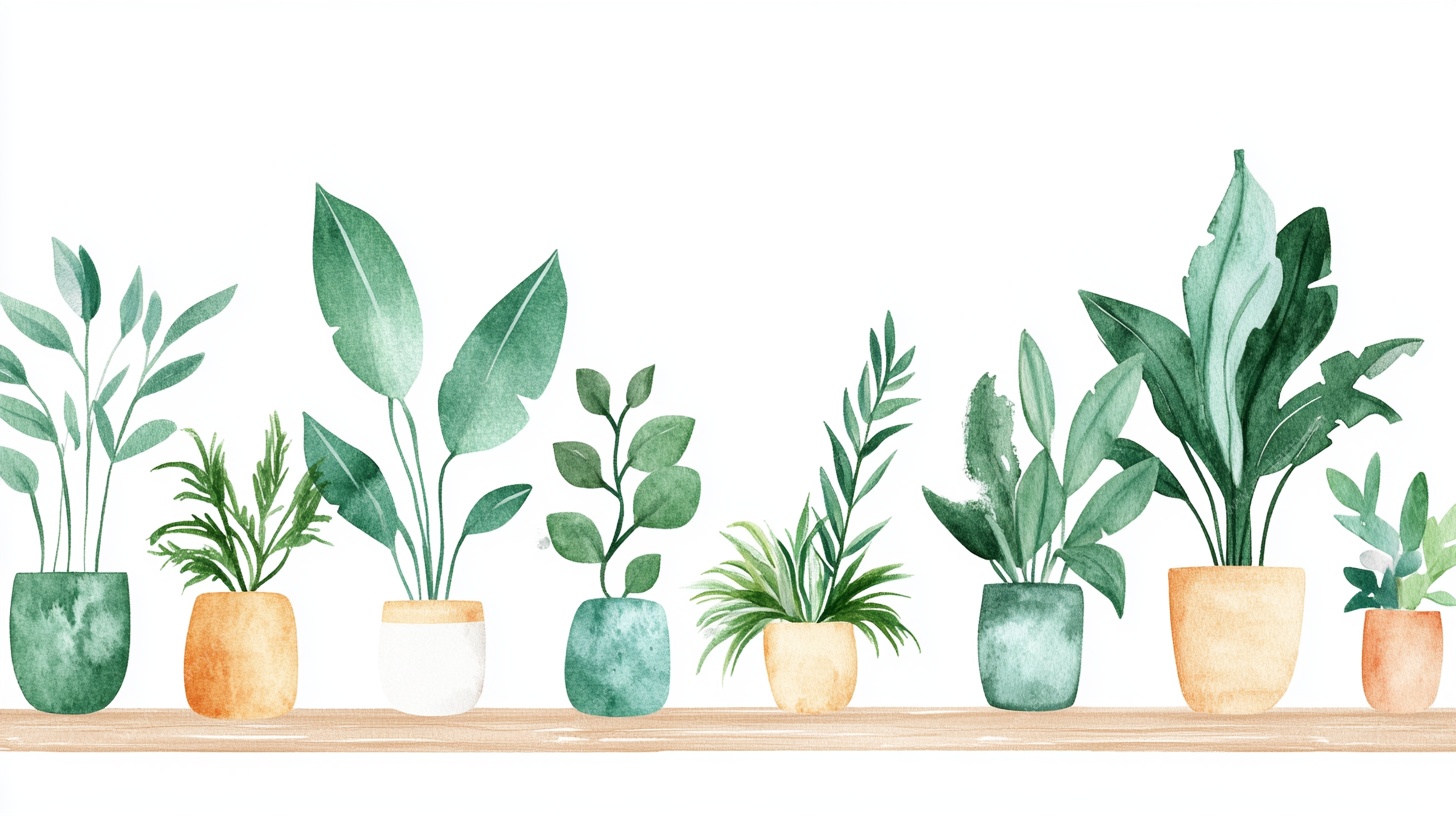 一排清新绿植盆栽插画