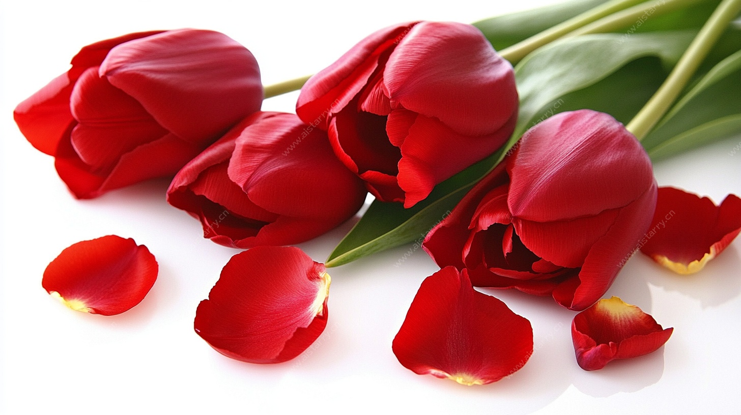 鲜艳红郁金香与散落花瓣