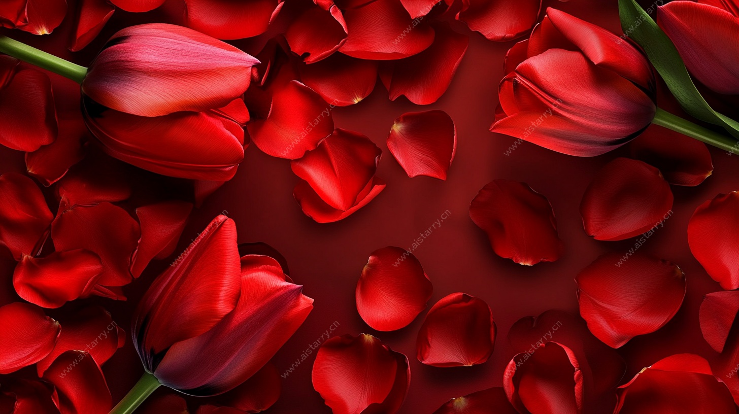 浪漫红郁金香与花瓣背景