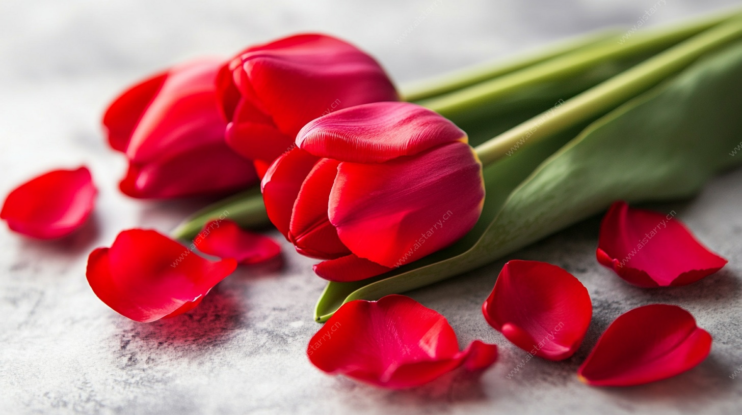 娇艳红郁金香散落花瓣