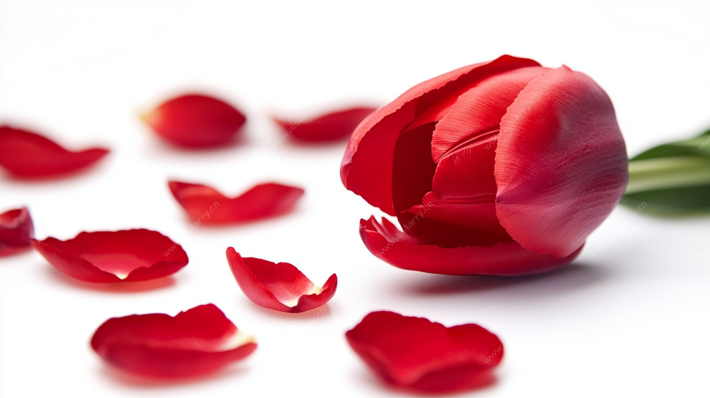 娇艳红郁金香与散落花瓣