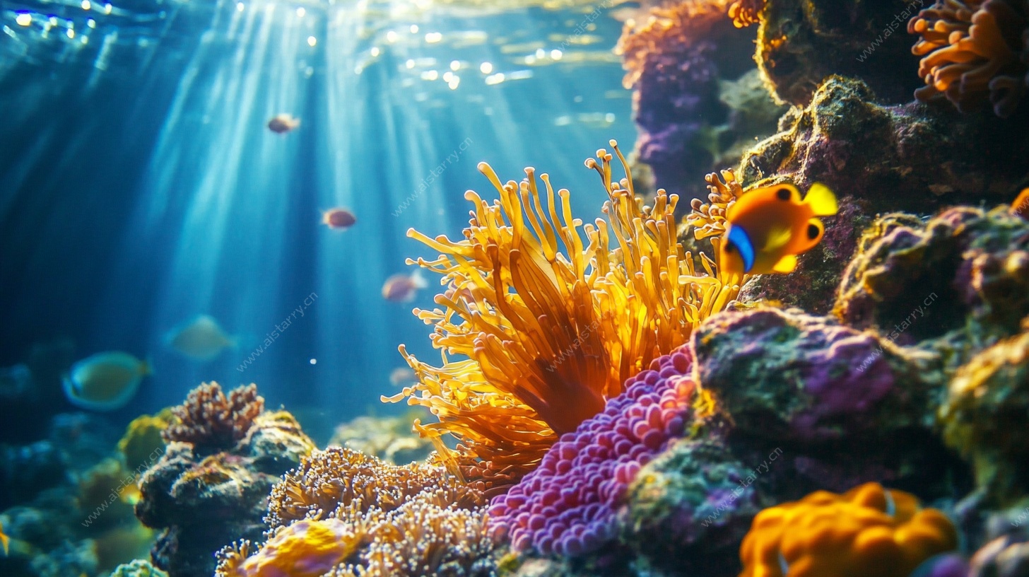 海底绚烂珊瑚与游动小鱼