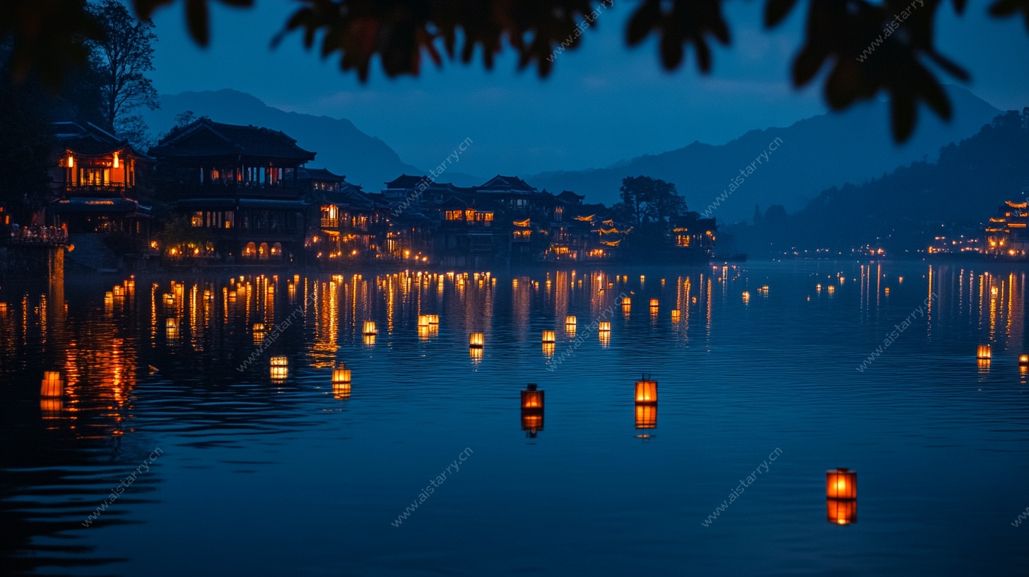 水乡夜色中的浪漫河灯