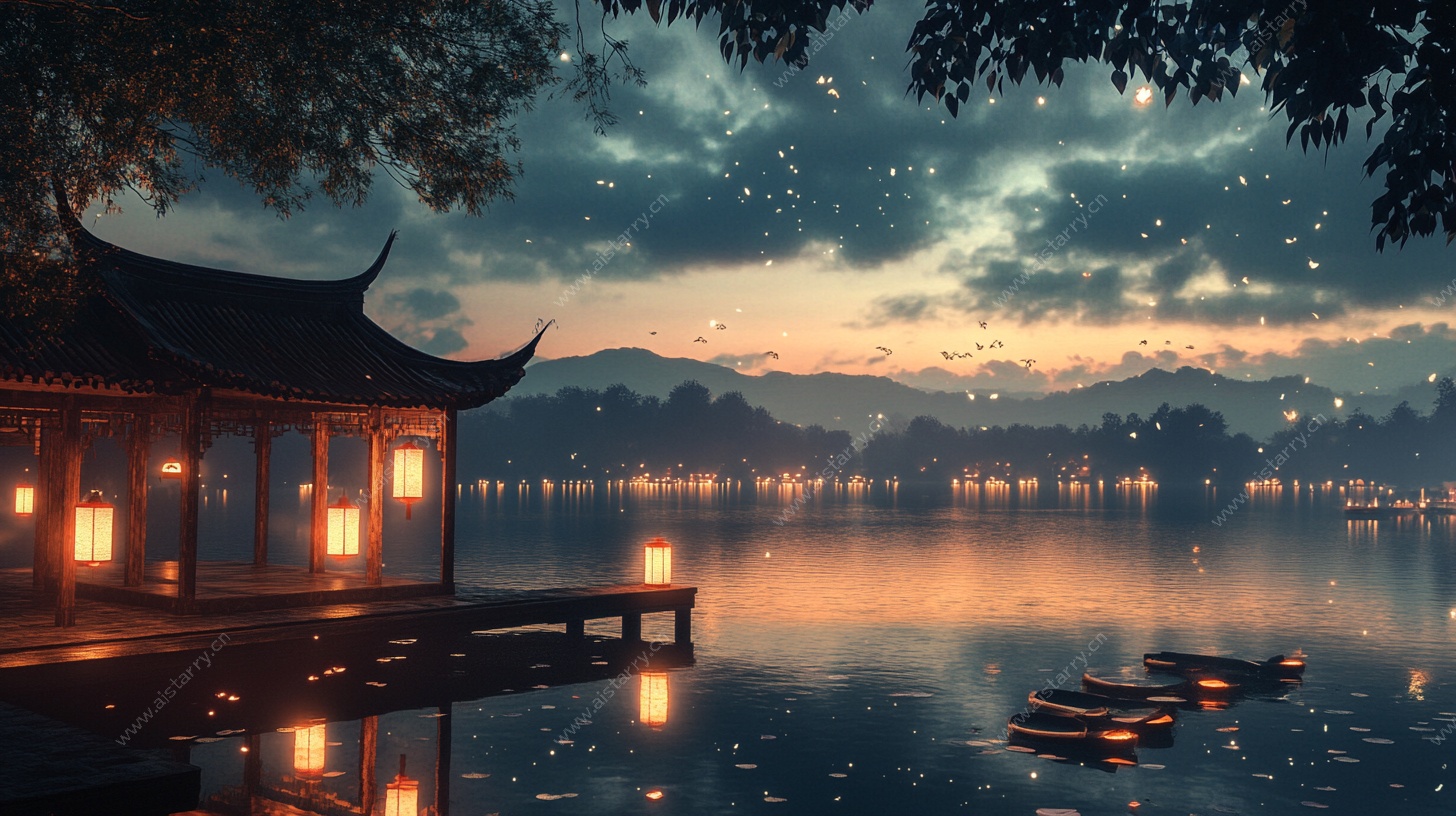 湖畔古亭夜景梦幻风光