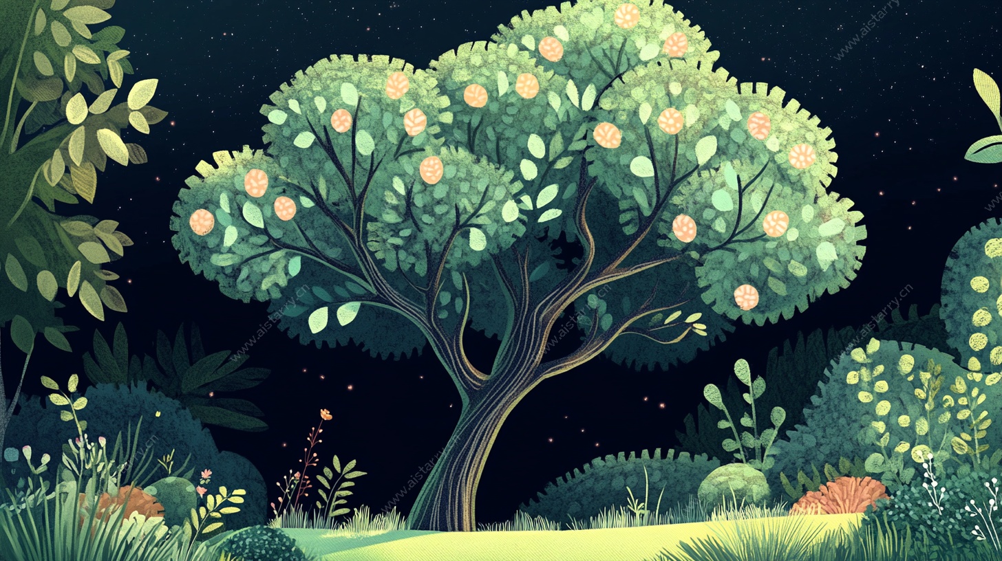 夜晚繁茂果树的奇幻森林