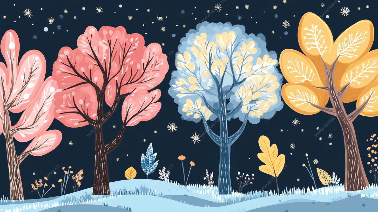 冬日梦幻彩树雪景插画