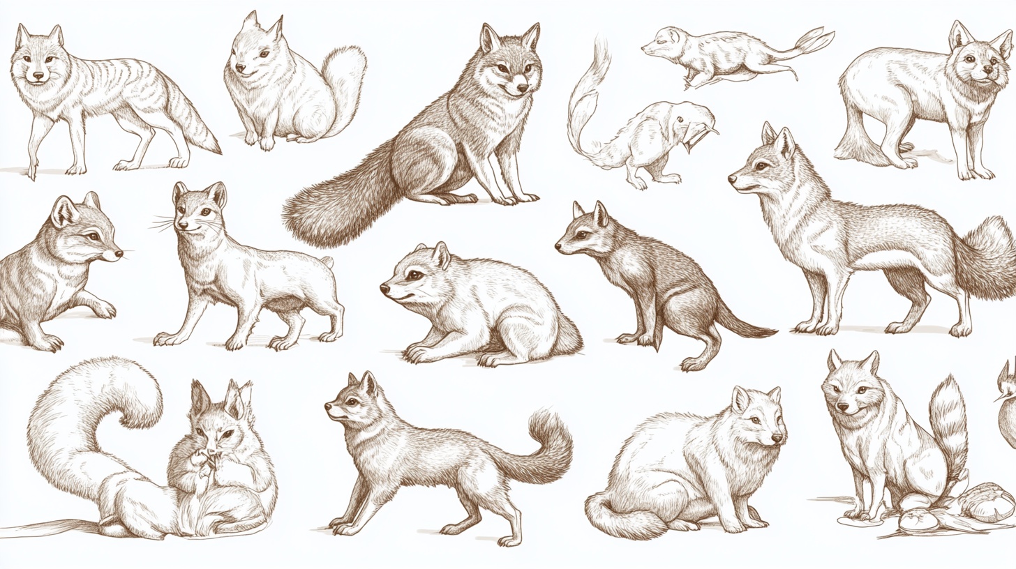 手绘多样姿态的狐狸松鼠