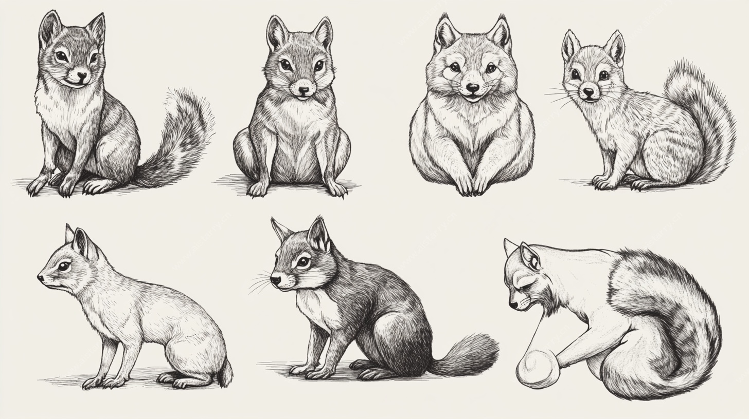 手绘坐姿小动物插画