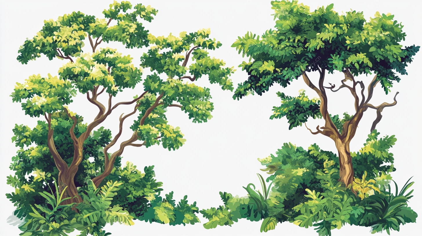 两棵绿树与繁茂植被景观