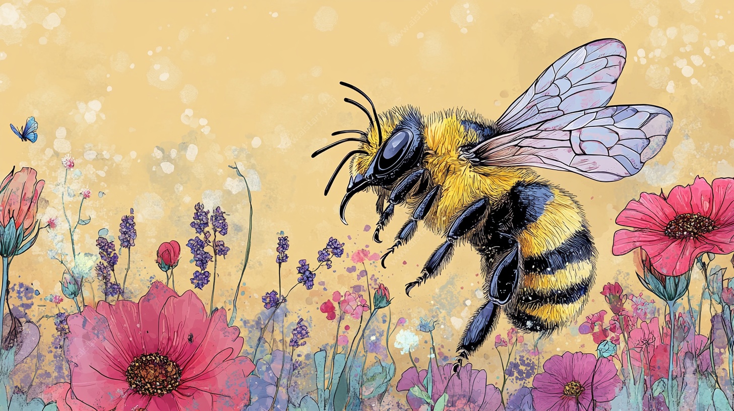 蜜蜂在花丛中飞舞插画