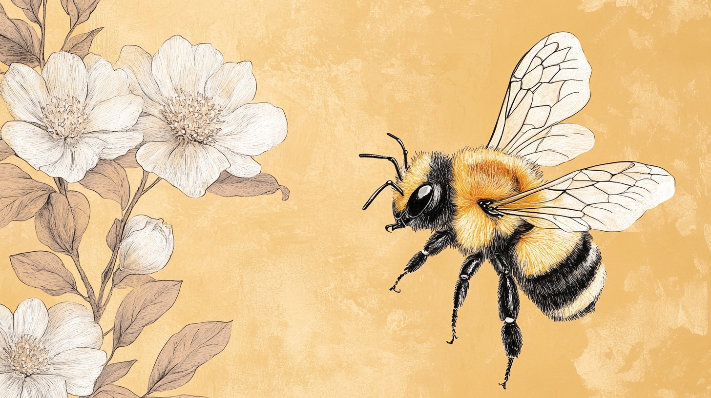 蜜蜂与花卉的自然插画