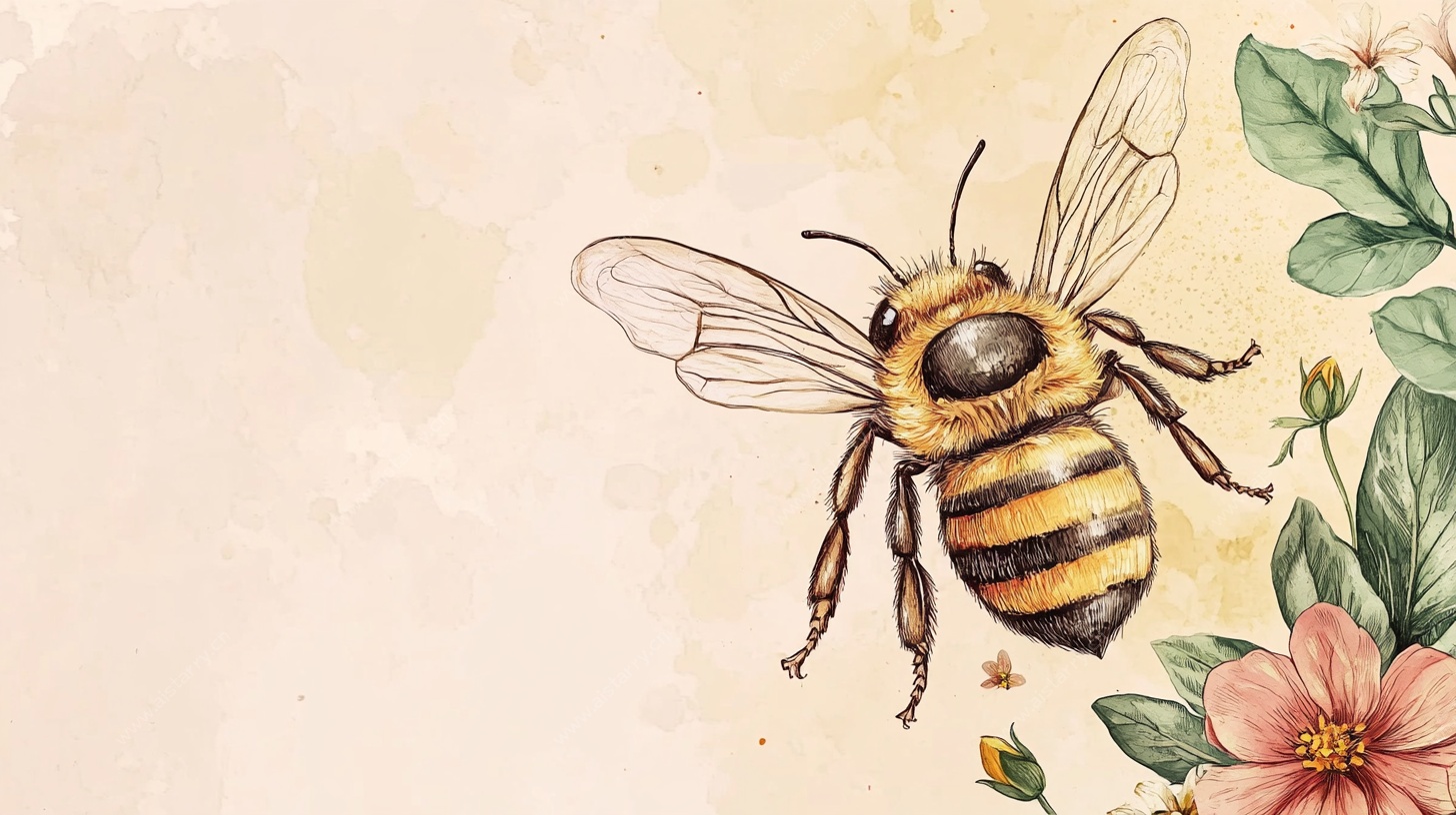 手绘蜜蜂与花卉插画
