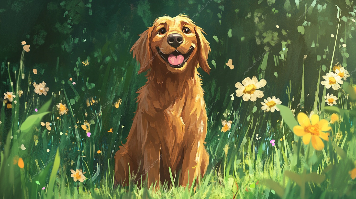 草地上的快乐金毛犬