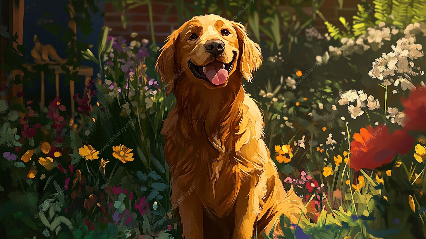 花园中的快乐金毛犬