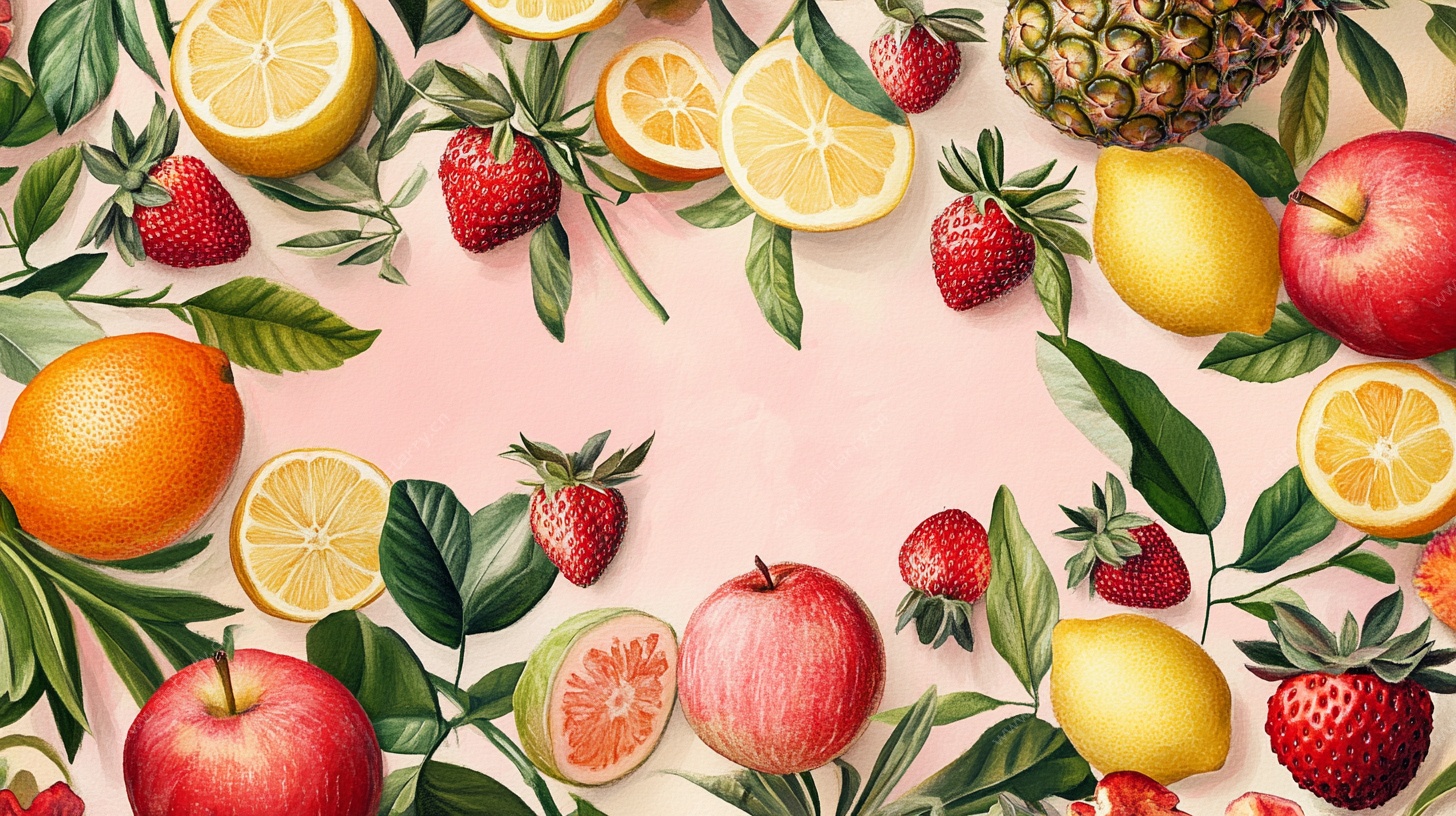 水果环绕的清新插画场景