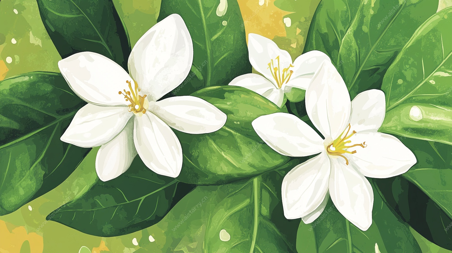 三朵白色花朵与绿叶插画