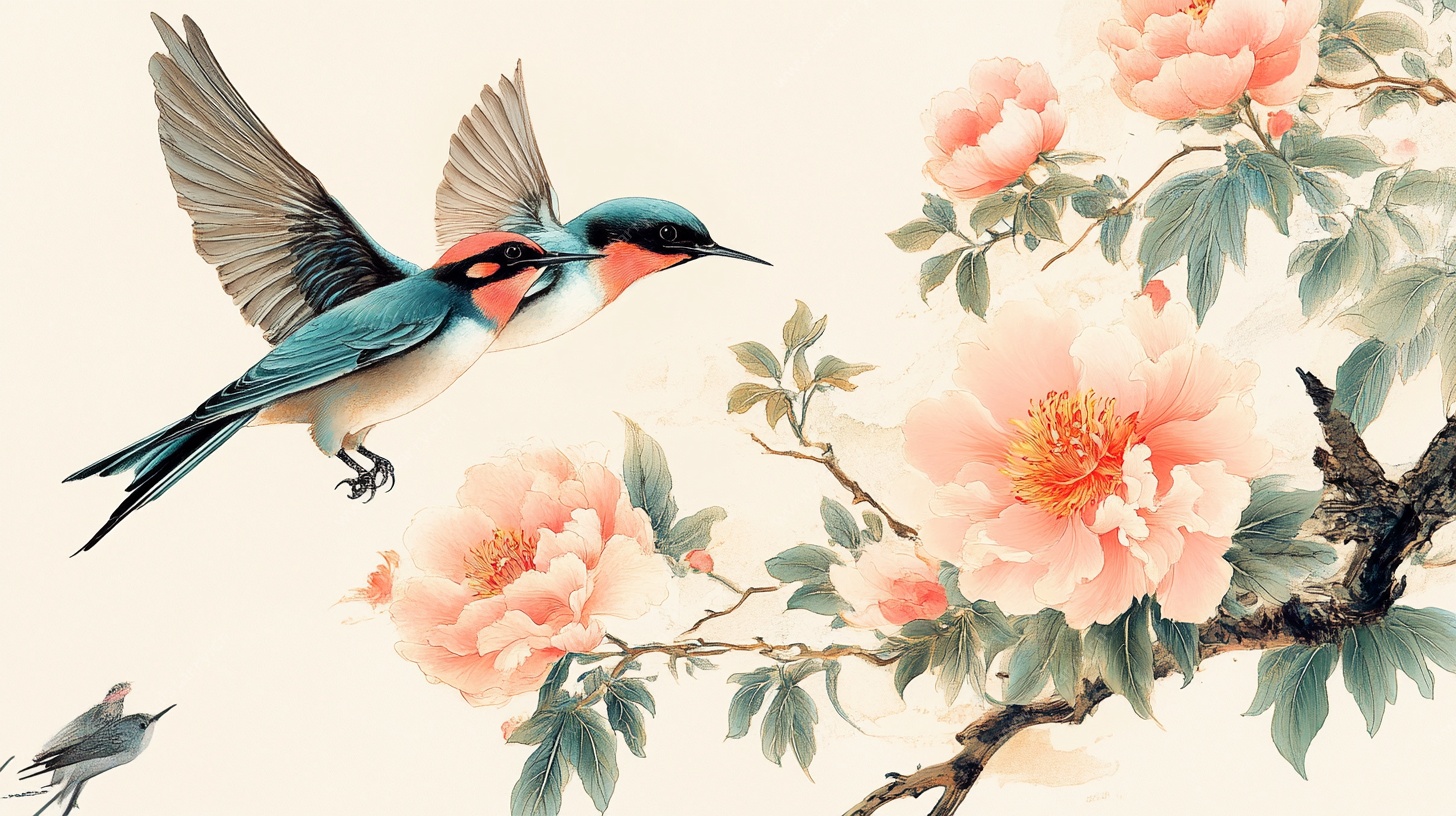 飞鸟戏牡丹中式花鸟画